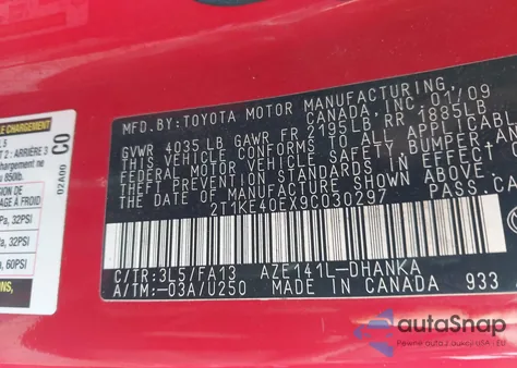 2009 Toyota Matrix S z USA, uszkodzony, nr VIN 2T1KE40EX9C030297